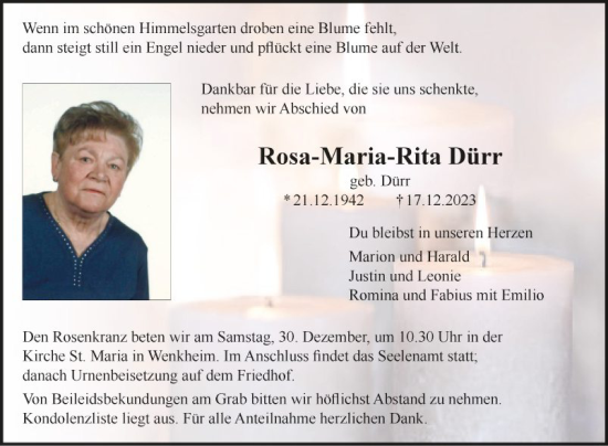 Traueranzeige von Rosa-Maria-Rita Dürr von Fränkische Nachrichten