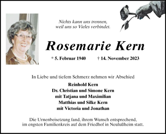 Traueranzeige von Rosemarie Kern von Schwetzinger Zeitung