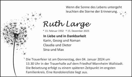 Traueranzeige von Ruth Large von Mannheimer Morgen