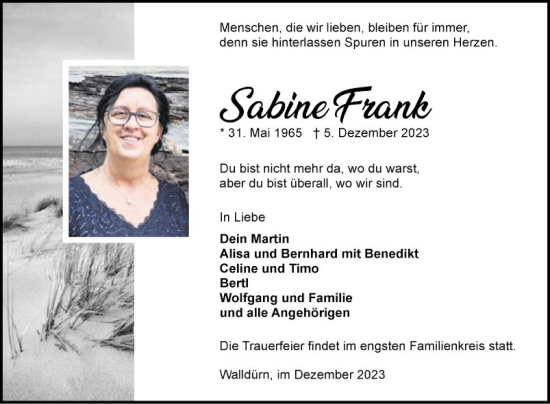 Traueranzeige von Sabine Frank von Fränkische Nachrichten
