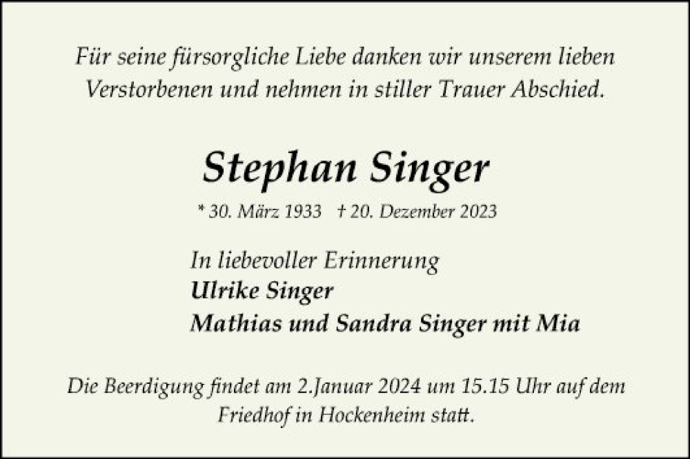  Traueranzeige für Stephan Singer vom 29.12.2023 aus Schwetzinger Zeitung