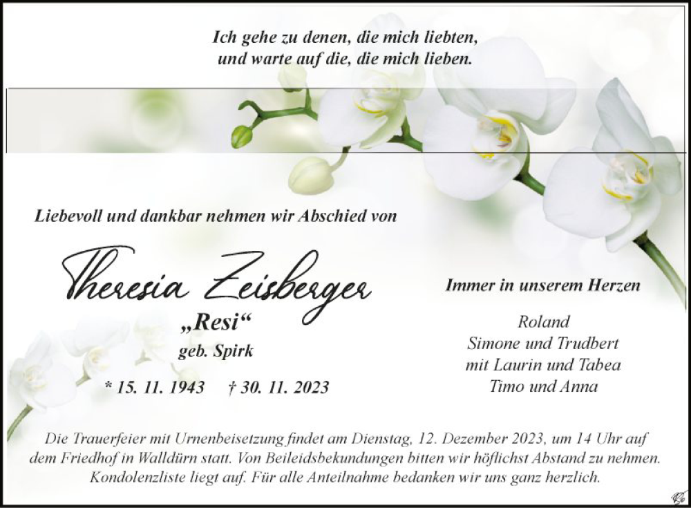  Traueranzeige für Theresia Zeisberger vom 09.12.2023 aus Fränkische Nachrichten