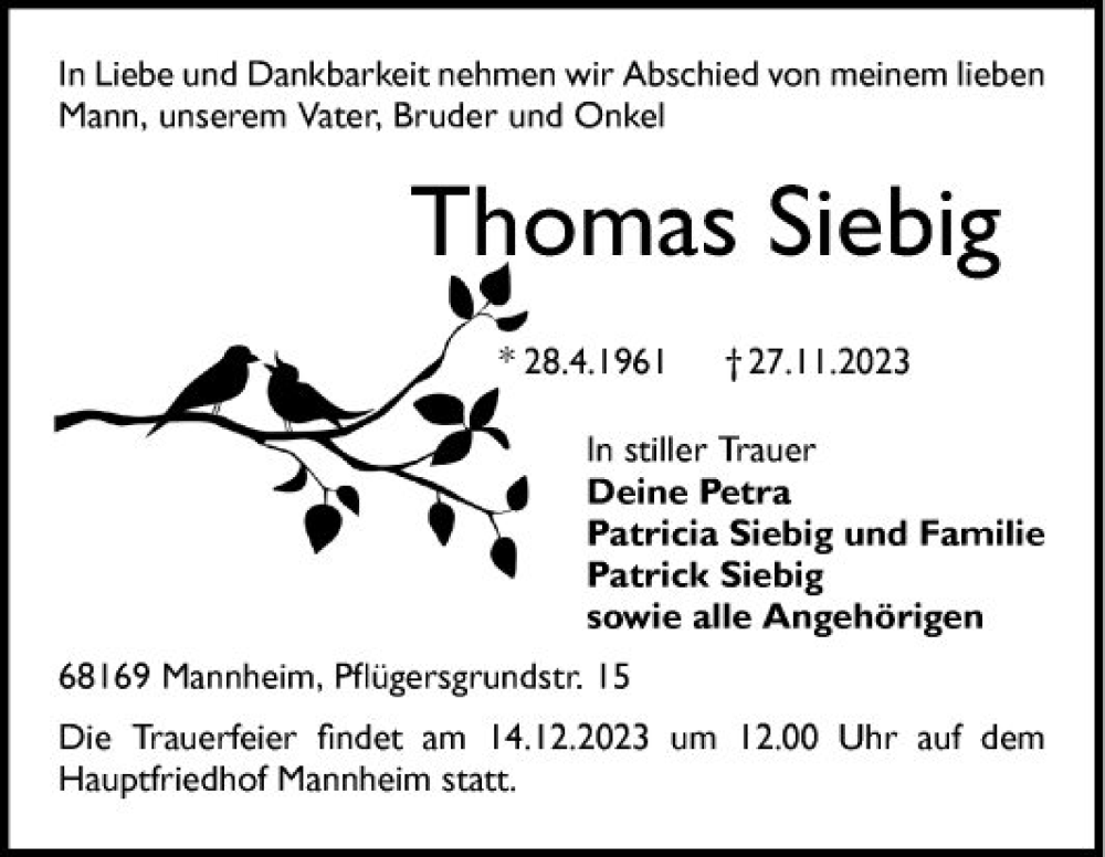  Traueranzeige für Thomas Siebig vom 09.12.2023 aus Mannheimer Morgen