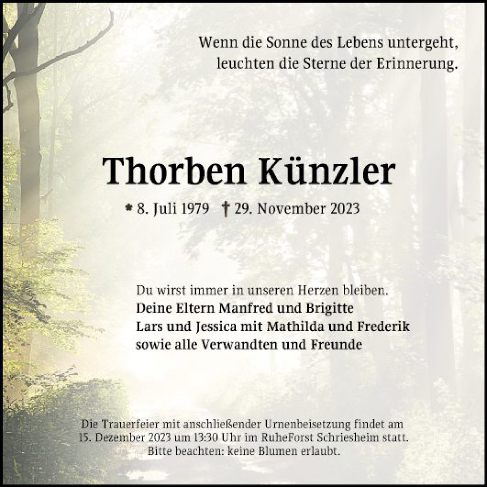  Traueranzeige für Thorben Künzler vom 09.12.2023 aus Mannheimer Morgen