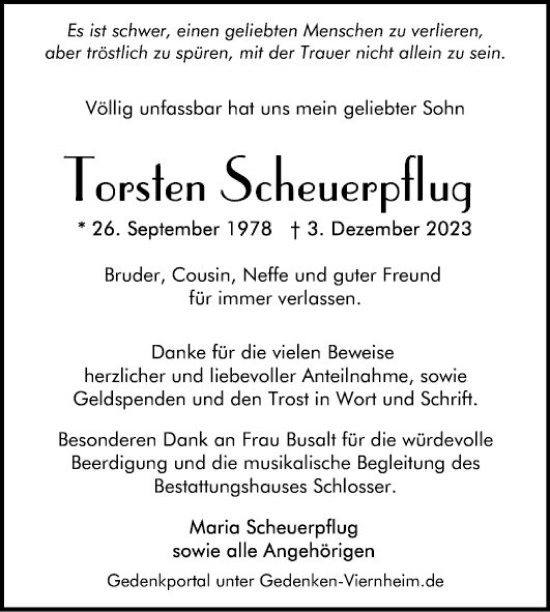 Traueranzeige von Torsten Scheuerpflug von Mannheimer Morgen