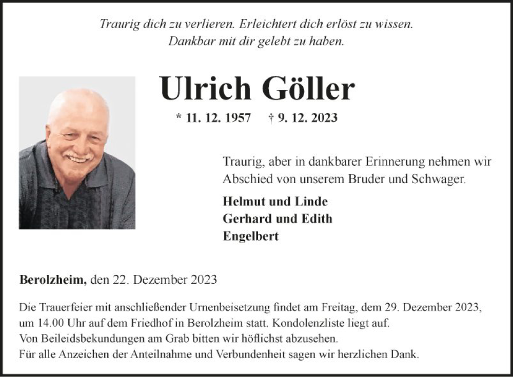  Traueranzeige für Ulrich Göller vom 22.12.2023 aus Fränkische Nachrichten