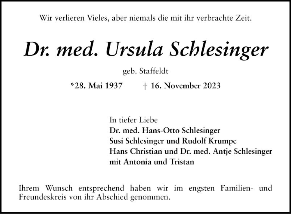  Traueranzeige für Ursula Schlesinger vom 02.12.2023 aus Schwetzinger Zeitung