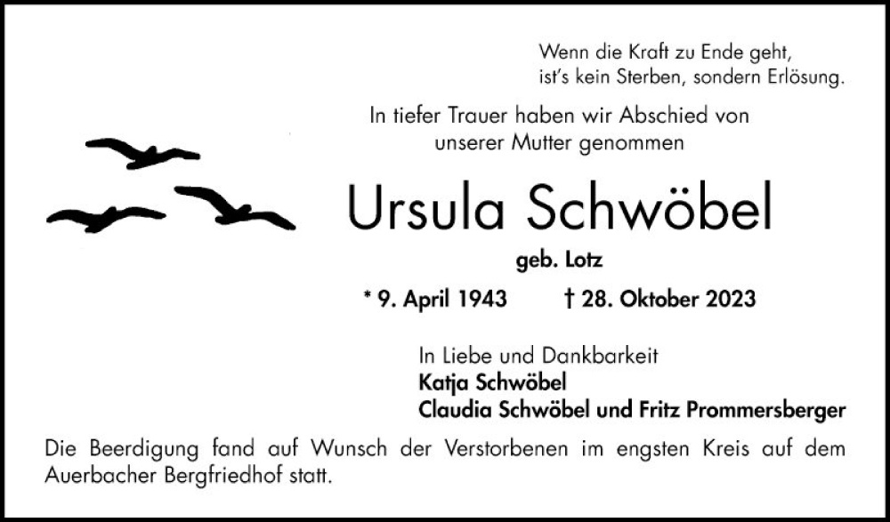  Traueranzeige für Ursula Schwöbel vom 02.12.2023 aus Bergsträßer Anzeiger
