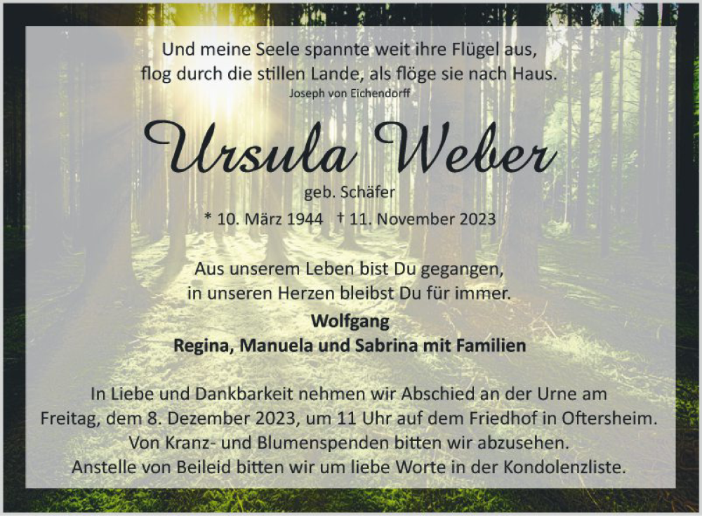  Traueranzeige für Ursula Weber vom 02.12.2023 aus Schwetzinger Zeitung