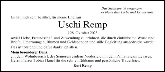 Traueranzeige von Uschi Remp von Mannheimer Morgen