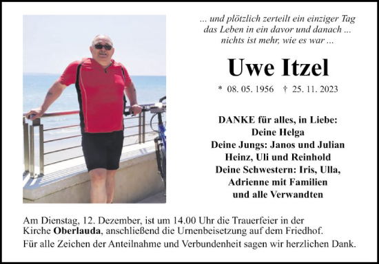 Traueranzeige von Uwe Itzel von Fränkische Nachrichten