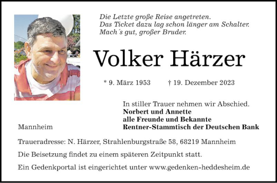 Traueranzeige von Volker Härzer von Mannheimer Morgen