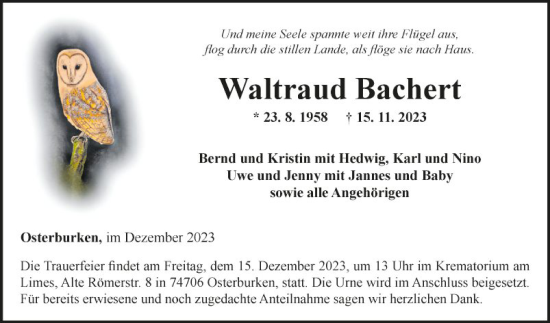 Traueranzeige von Waltraud Bachert von Fränkische Nachrichten