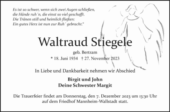 Traueranzeige von Waltraud Stiegele von Mannheimer Morgen