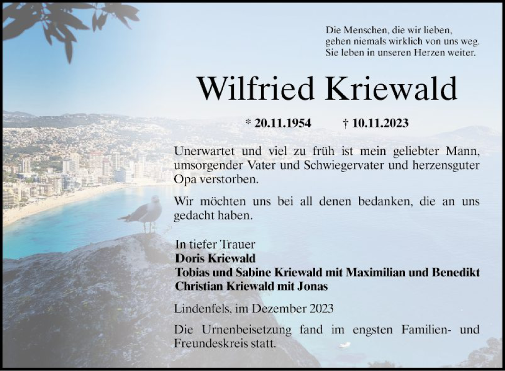  Traueranzeige für Wilfried Kriewald vom 16.12.2023 aus Bergsträßer Anzeiger