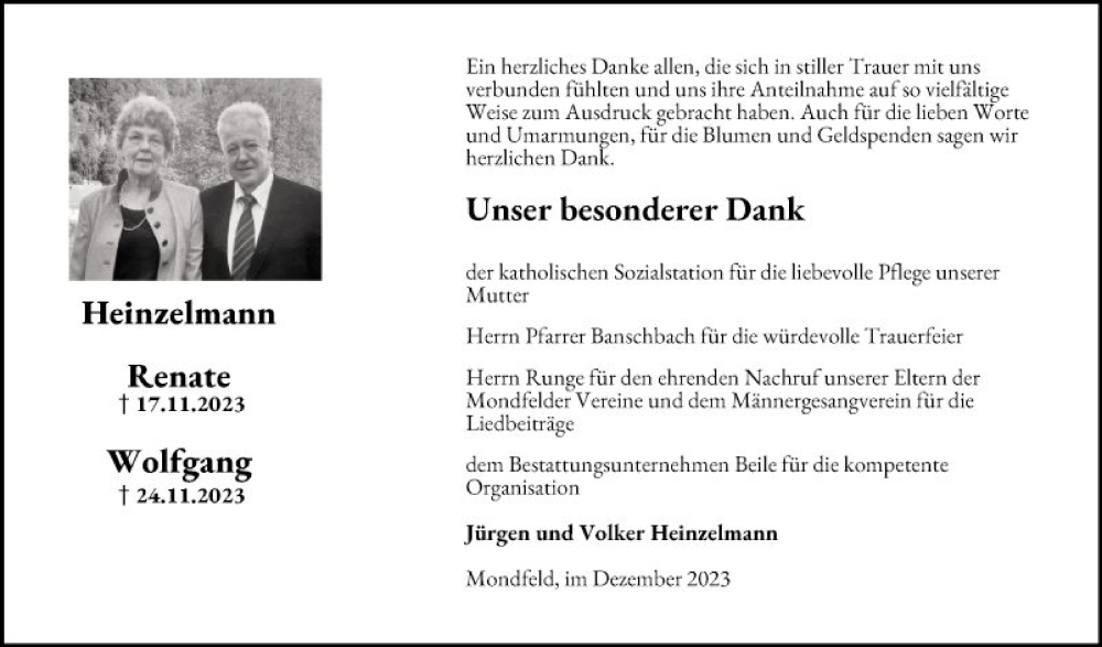  Traueranzeige für Wolfgang Heinzelmann vom 23.12.2023 aus Fränkische Nachrichten