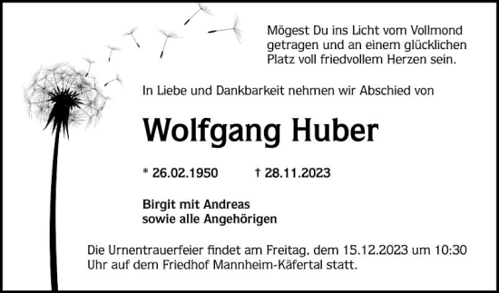 Traueranzeige von Wolfgang Huber von Mannheimer Morgen