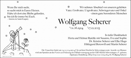 Traueranzeige von Wolfgang Scherer von Schwetzinger Zeitung