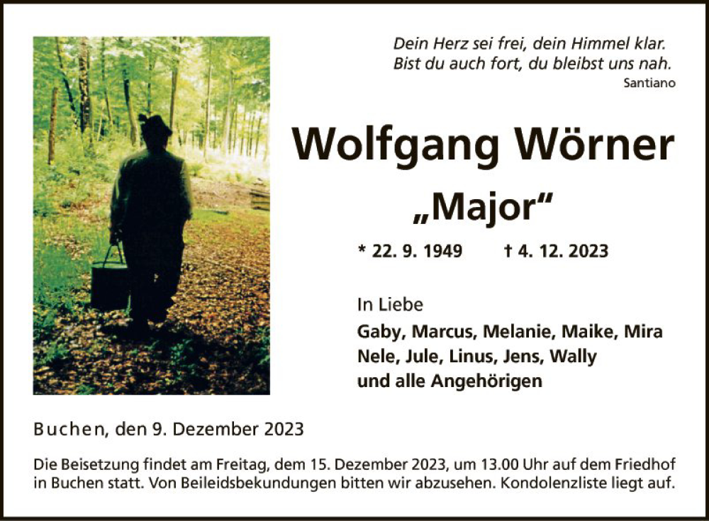  Traueranzeige für Wolfgang Wörner vom 09.12.2023 aus Fränkische Nachrichten