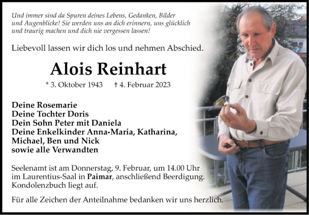  Traueranzeige für Alois Reinhart vom 07.02.2023 aus Fränkische Nachrichten