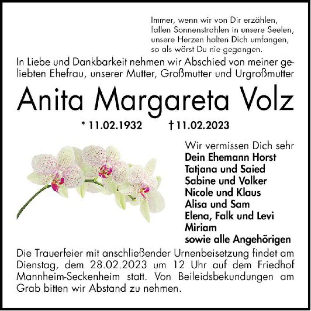  Traueranzeige für Anita Margareta Volz vom 18.02.2023 aus Mannheimer Morgen