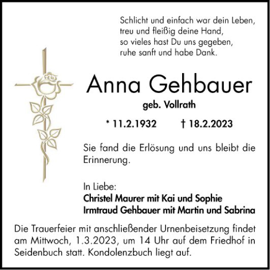 Traueranzeige von Anna Gehbauer von Bergsträßer Anzeiger