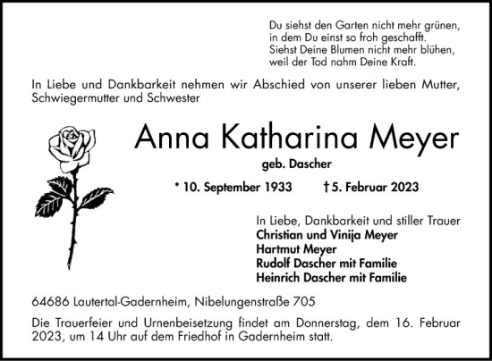 Traueranzeige von Anna Katharina Meyer von Bergsträßer Anzeiger