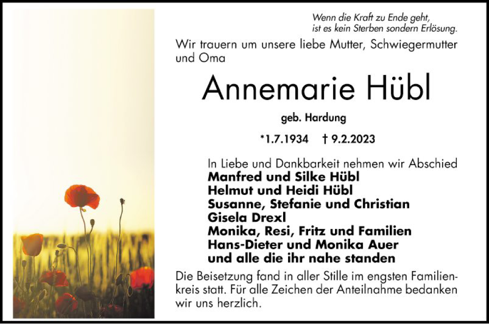  Traueranzeige für Annemarie Hübl vom 25.02.2023 aus Schwetzinger Zeitung