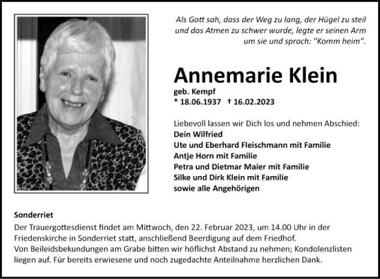 Traueranzeige von Annemarie Klein von Fränkische Nachrichten