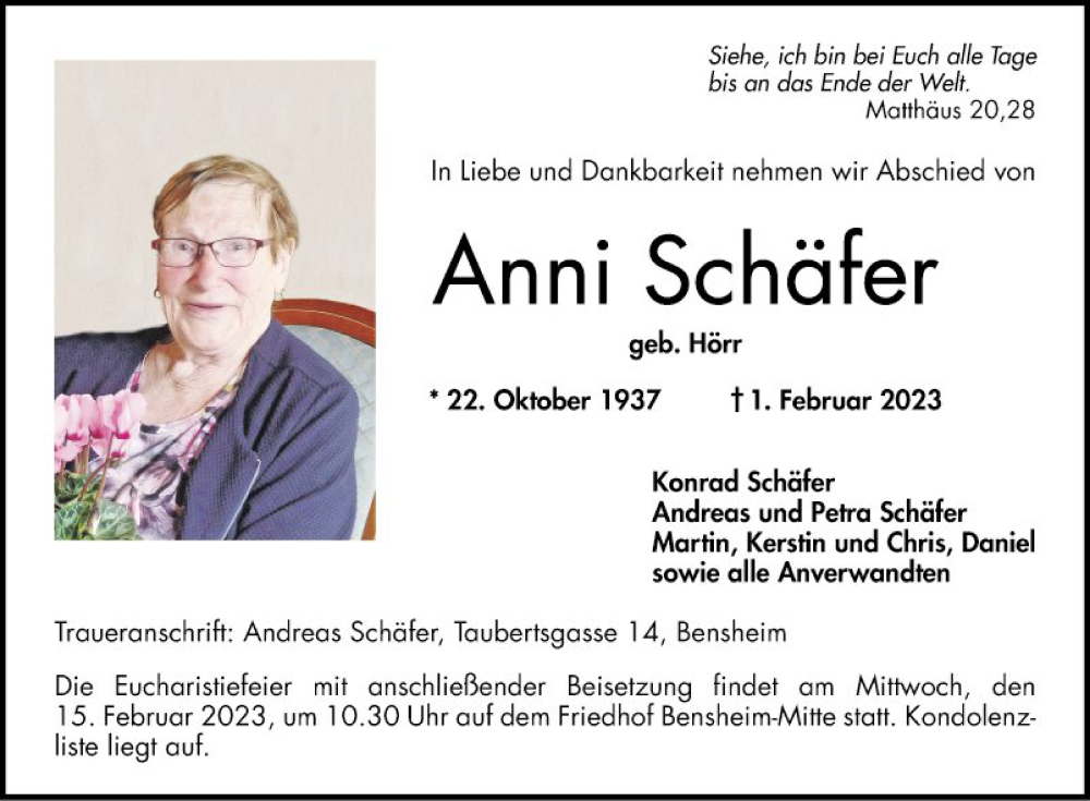  Traueranzeige für Anni Schäfer vom 08.02.2023 aus Bergsträßer Anzeiger