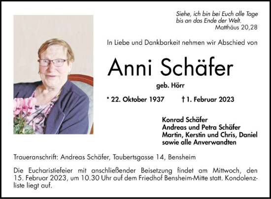 Traueranzeige von Anni Schäfer von Bergsträßer Anzeiger