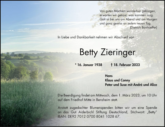 Traueranzeige von Betty Zierfinger von Bergsträßer Anzeiger