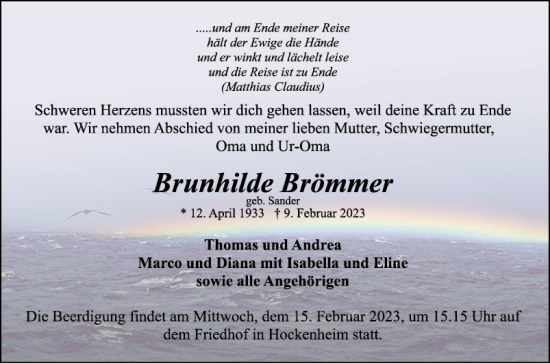 Traueranzeige von Brunhilde Brömmer von Mannheimer Morgen