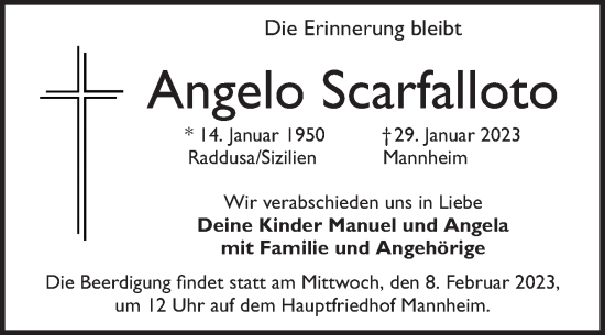 Traueranzeige von Angelo Scarfalloto von Mannheimer Morgen