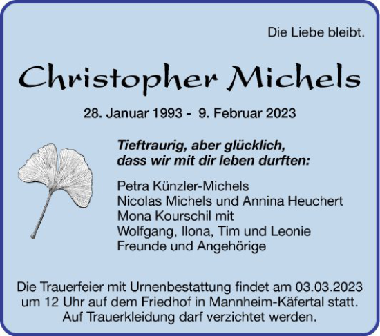 Traueranzeige von Christopher Michels von Mannheimer Morgen