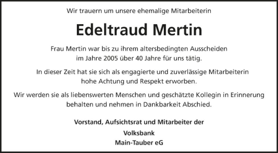Traueranzeige von Edeltraud Mertin von Fränkische Nachrichten