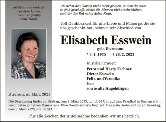 Traueranzeige von Elisabeth Esswein von Fränkische Nachrichten