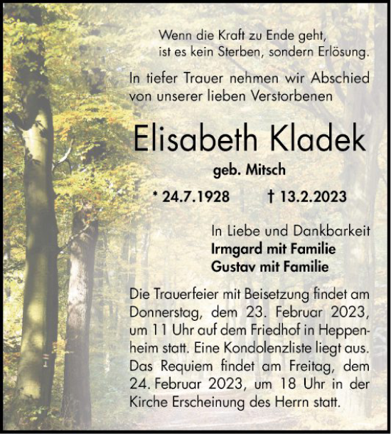 Traueranzeige von Elisabeth Kladek von Bergsträßer Anzeiger
