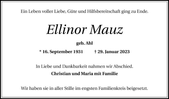 Traueranzeige von Ellinor Mauz von Mannheimer Morgen
