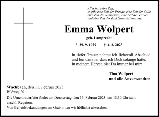 Traueranzeige von Emma Wolpert von Fränkische Nachrichten