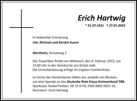 Traueranzeige von Erich Hartwig von Fränkische Nachrichten