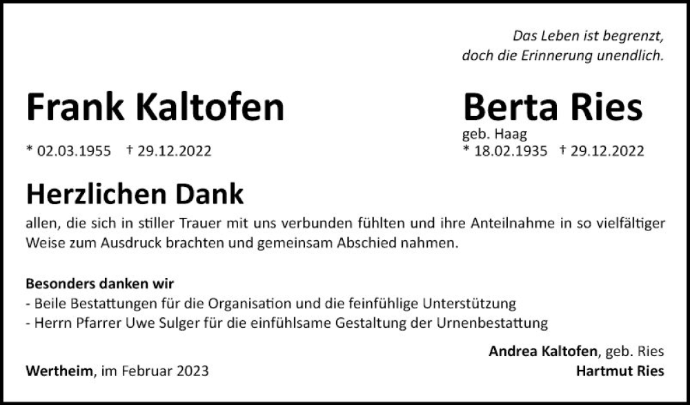  Traueranzeige für Frank Kaltofen vom 25.02.2023 aus Fränkische Nachrichten