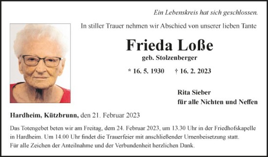 Traueranzeige von Frieda Loße von Fränkische Nachrichten