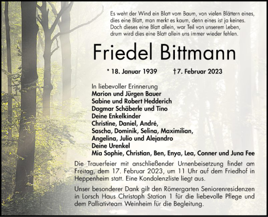 Traueranzeige von Friedel Bittmann von Bergsträßer Anzeiger