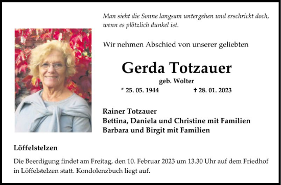 Traueranzeige von Gerda Totzauer von Fränkische Nachrichten