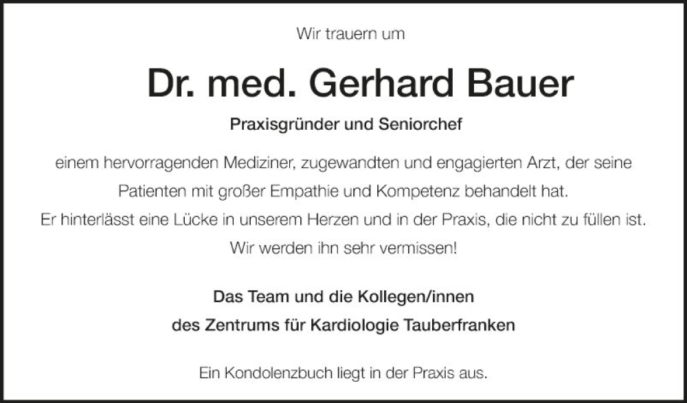  Traueranzeige für Gerhard Bauer vom 11.02.2023 aus Fränkische Nachrichten