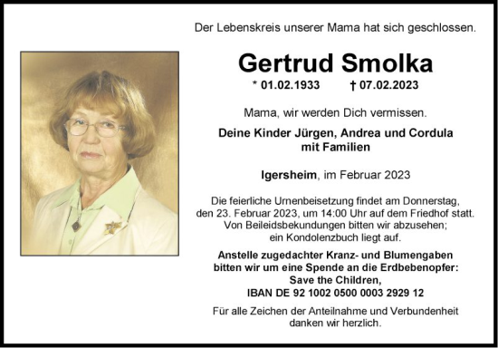 Traueranzeige von Gertrud Smolka von Fränkische Nachrichten