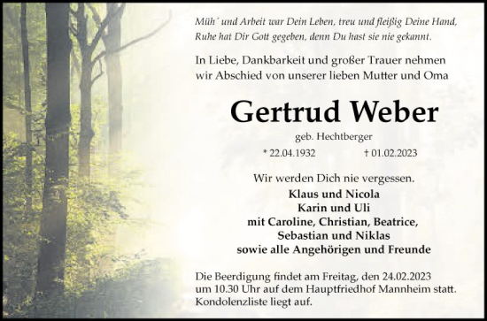 Traueranzeige von Gertrud Weber von Mannheimer Morgen