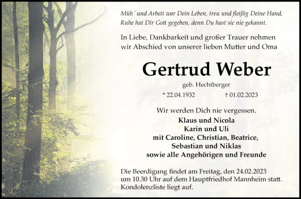  Traueranzeige für Gertrud Weber vom 18.02.2023 aus Mannheimer Morgen