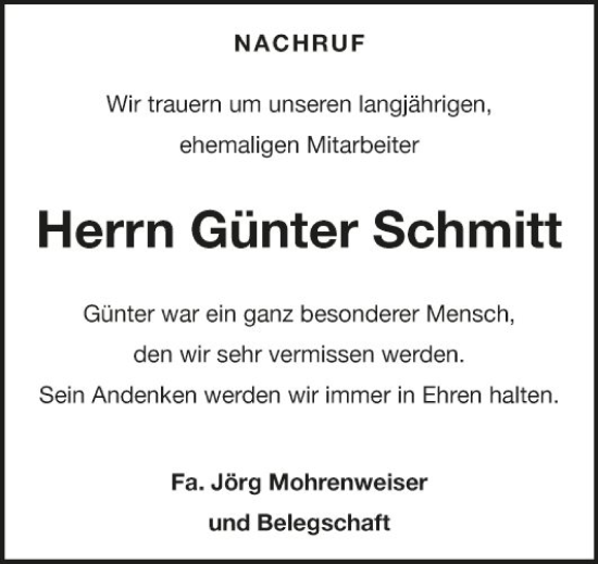Traueranzeige von Günter Schmitt von Fränkische Nachrichten